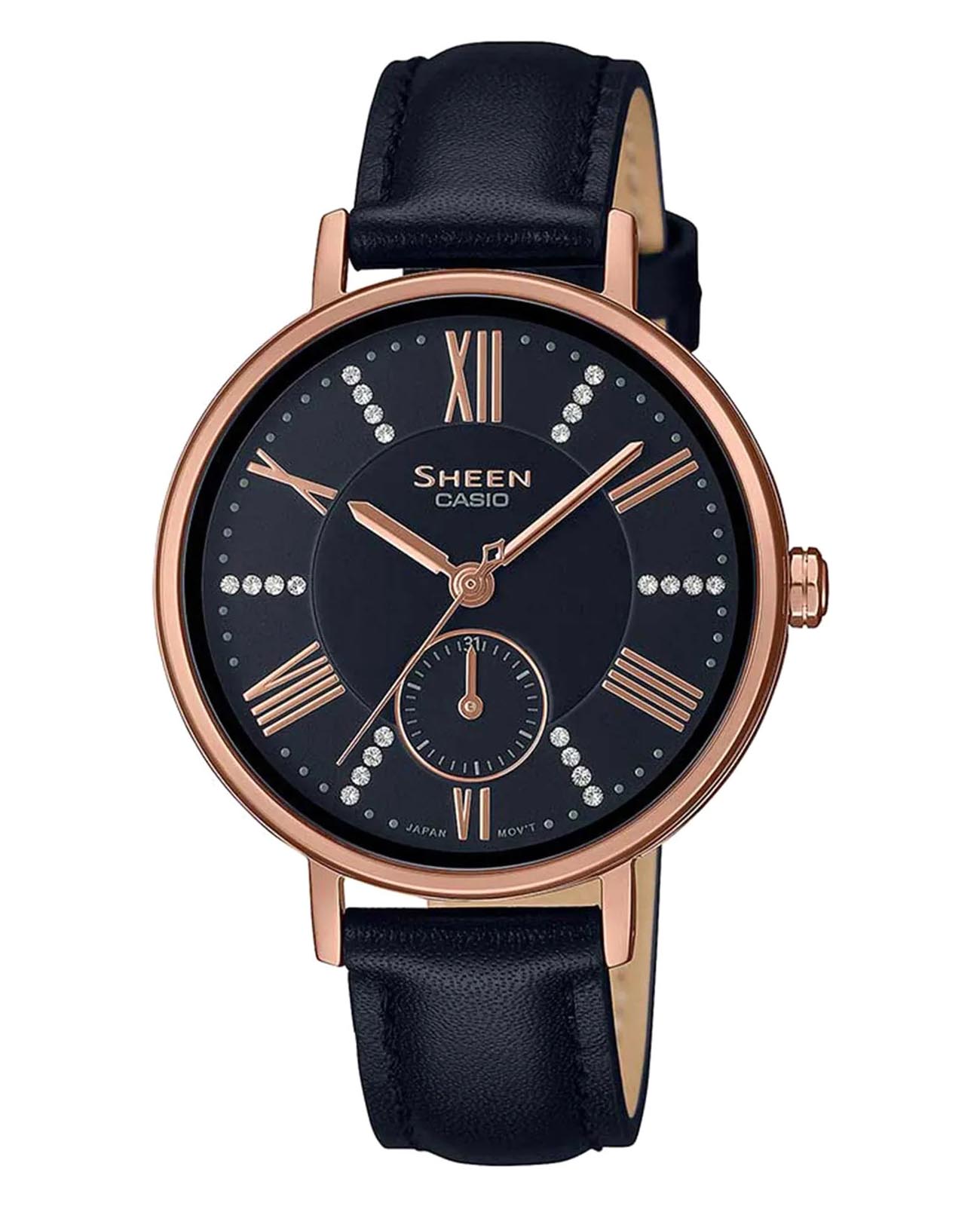 Casio Casio Sheen SHE-3066PGL-1AUDF  SHE-3066PGL-1AUDF кварцевые женские часы черный циферблат, браслет кожаный — вид спереди