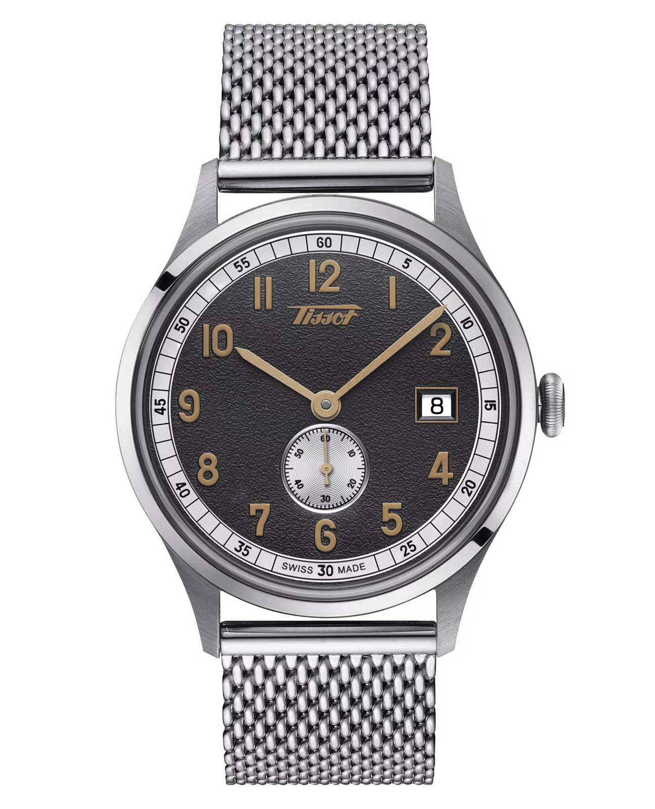 Tissot Tissot Heritage Small Second 1938 T142.428.11.082.00  T1424281108200 механические мужские часы черный циферблат, браслет нержавеющая сталь 316l — вид спереди
