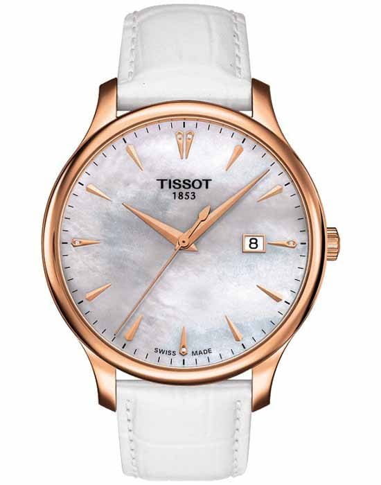 Tissot Tissot Tradition T063.610.36.116.01 Tradition T0636103611601 кварцевые женские часы перламутровый циферблат, браслет кожаный — вид спереди