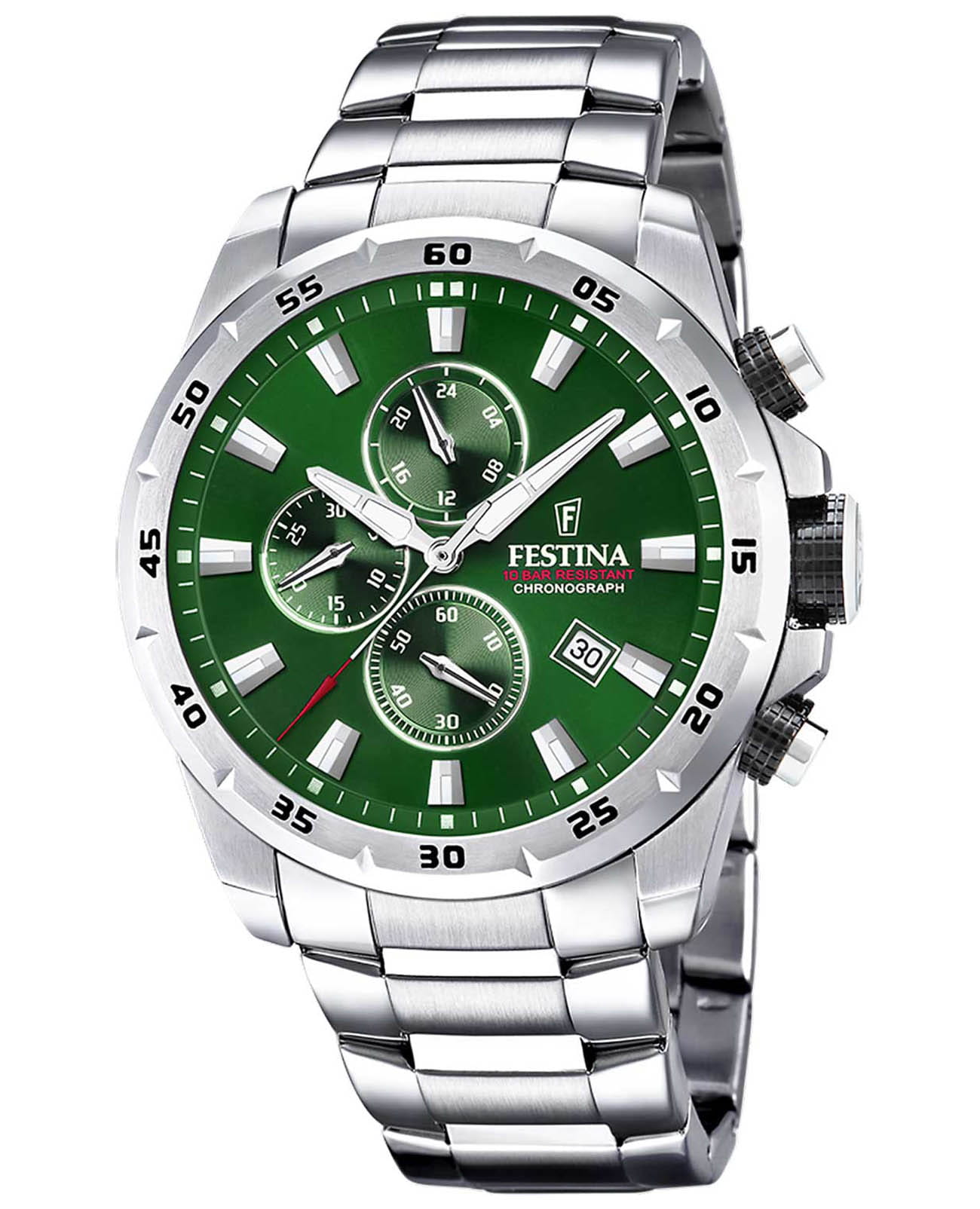 Festina Festina Chrono Sport F20463/3  F20463/3 кварцевые мужские часы зеленый циферблат, браслет нержавеющая сталь — вид спереди