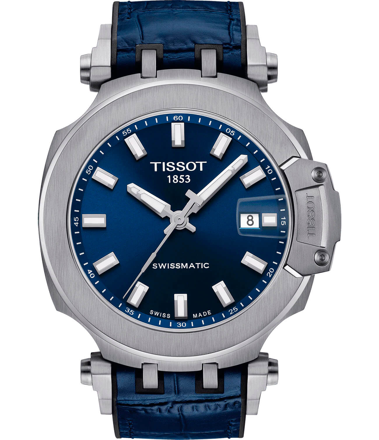Tissot Tissot T-Race Swissmatic T115.407.17.041.00 T Race T1154071704100 механические мужские часы синий циферблат, браслет кожаный — вид спереди