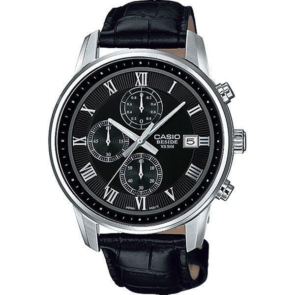 Casio Casio BEM-511L-1A  BEM-511L-1A кварцевые мужские часы черный циферблат, браслет кожа + текстиль — вид спереди