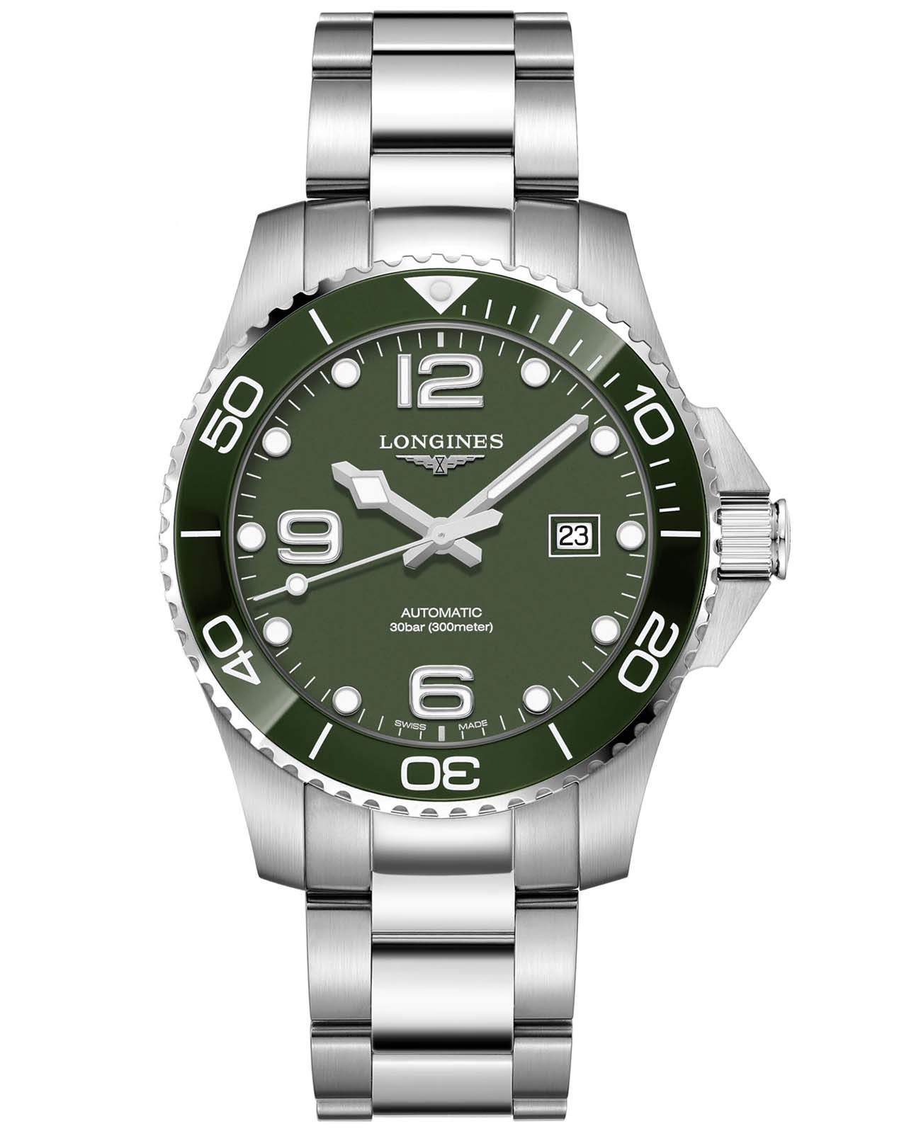 Longines Longines HydroConquest L3.782.4.06.6  L37824066 механические мужские часы зеленый циферблат, браслет нержавеющая сталь — вид спереди