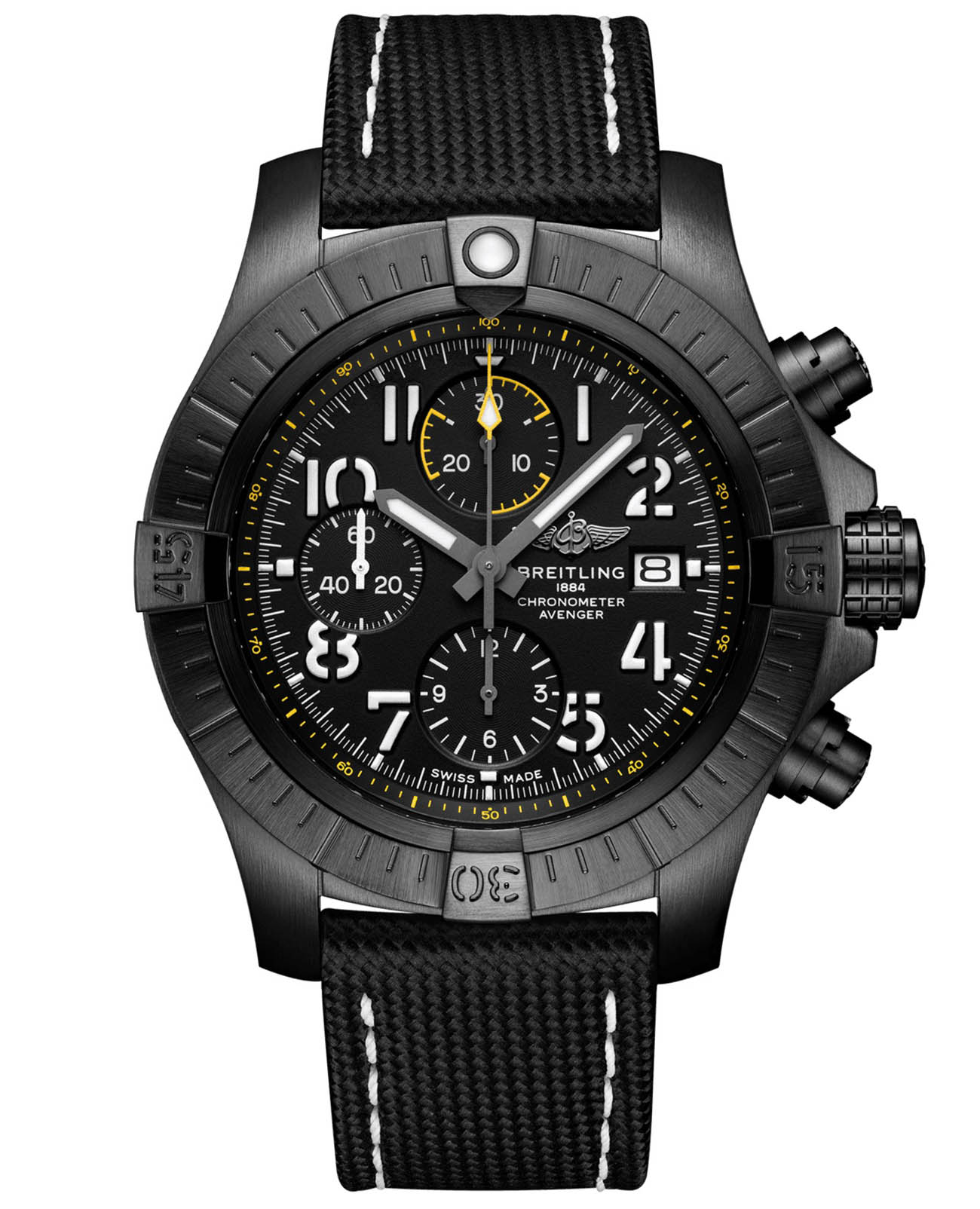 Breitling Breitling Avenger Chronograph 45 Night Mission V13317101B1X1  V13317101B1X1 механические мужские часы черный циферблат, браслет кожаный — вид спереди