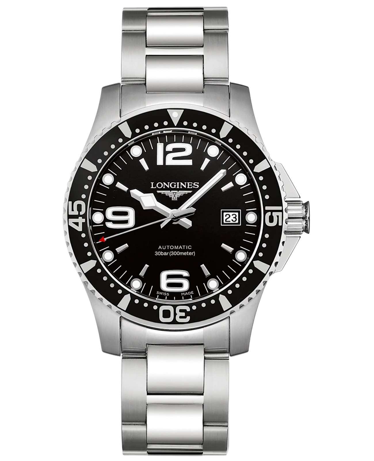Longines Longines HydroConquest L3.742.4.56.6  L37424566 механические мужские часы черный циферблат, браслет нержавеющая сталь — вид спереди