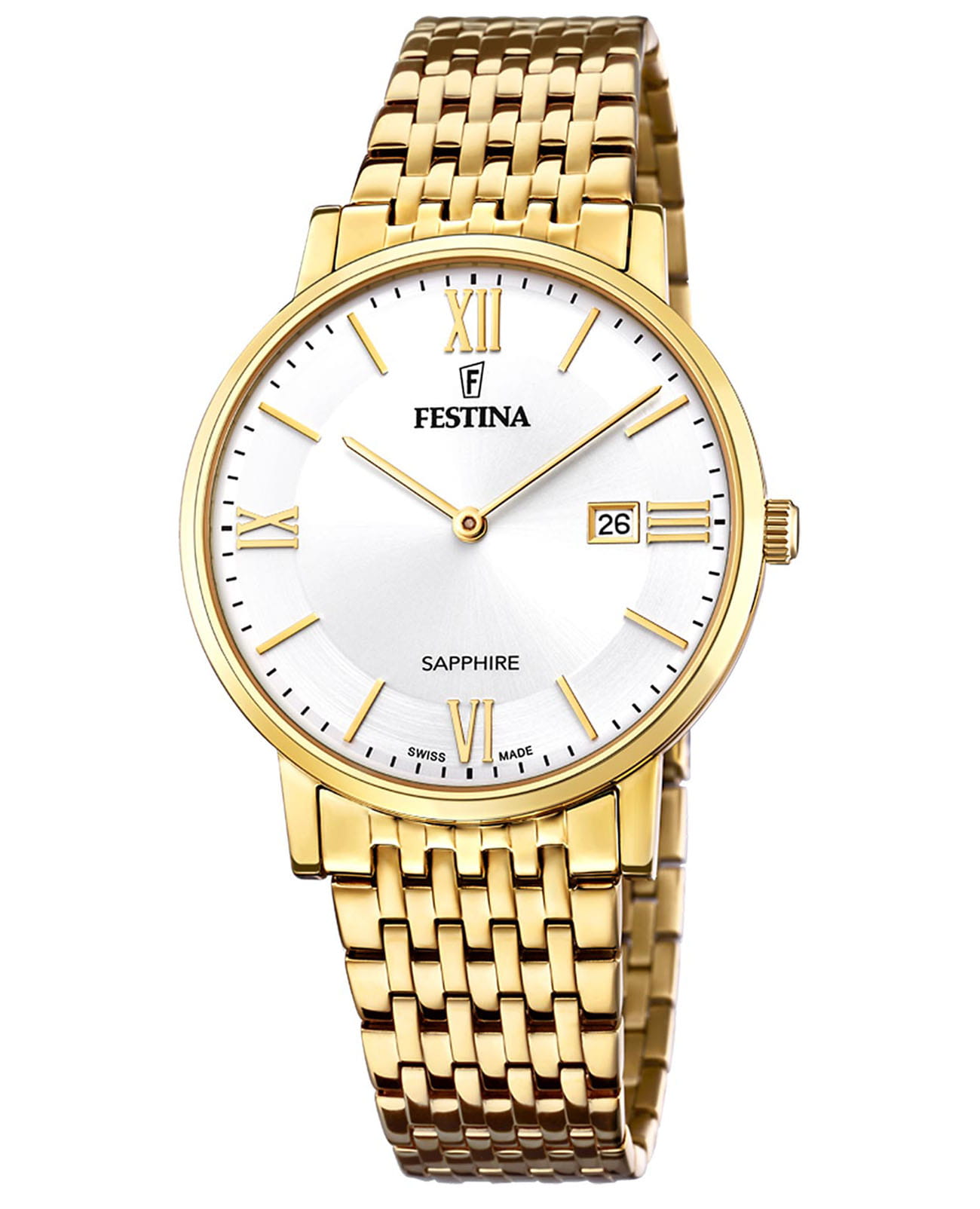Festina Festina Classics F20020/1  F20020/1 кварцевые мужские часы белый циферблат, браслет нержавеющая сталь с pvd-покрытием — вид спереди