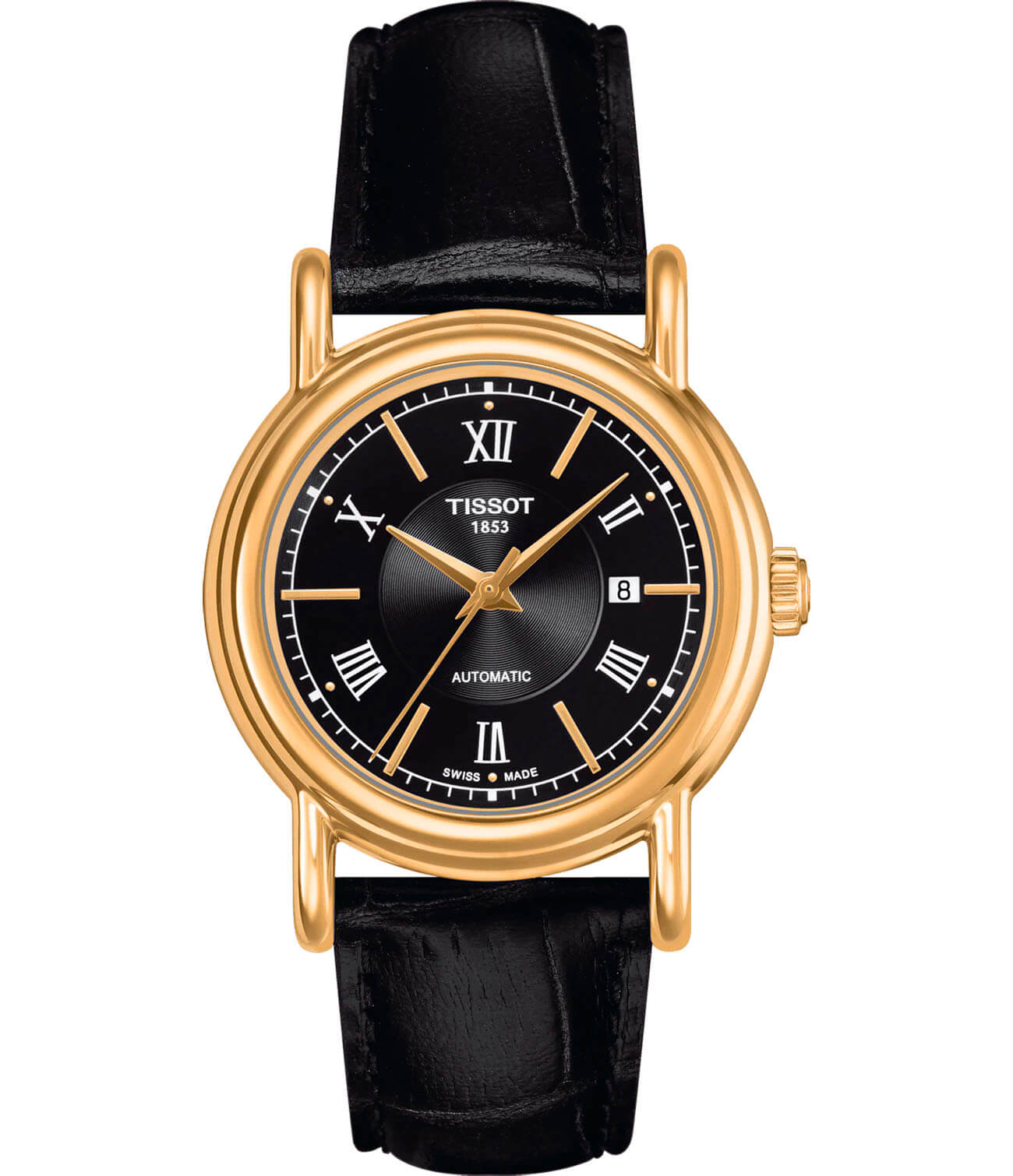 Tissot Tissot Carson Automatic Lady 18K Gold T907.007.16.058.00 Carson T9070071605800 механические женские часы черный циферблат, браслет кожаный — вид спереди