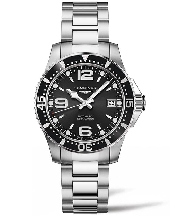 Longines Longines HydroConquest L3.741.4.56.6  L37414566 механические мужские часы черный циферблат, браслет нержавеющая сталь — вид спереди