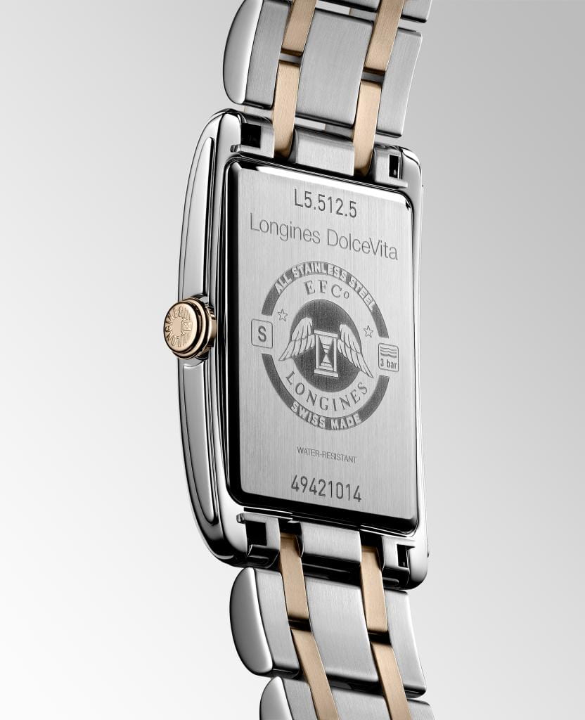 Longines Longines DolceVita L5.512.5.75.7, dolcevita швейцария женские часы на браслете нержавеющая сталь и 18 каратное розовое золото боковой вид