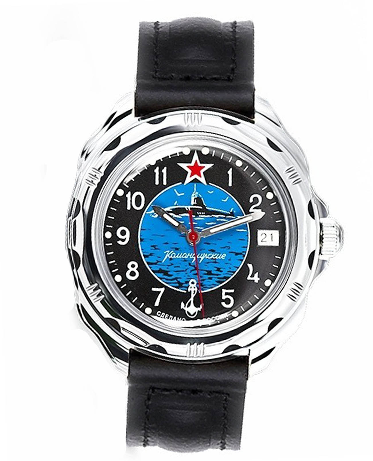 Восток Восток командирские 211163  211163 механические мужские часы  циферблат, браслет кожаный — вид спереди