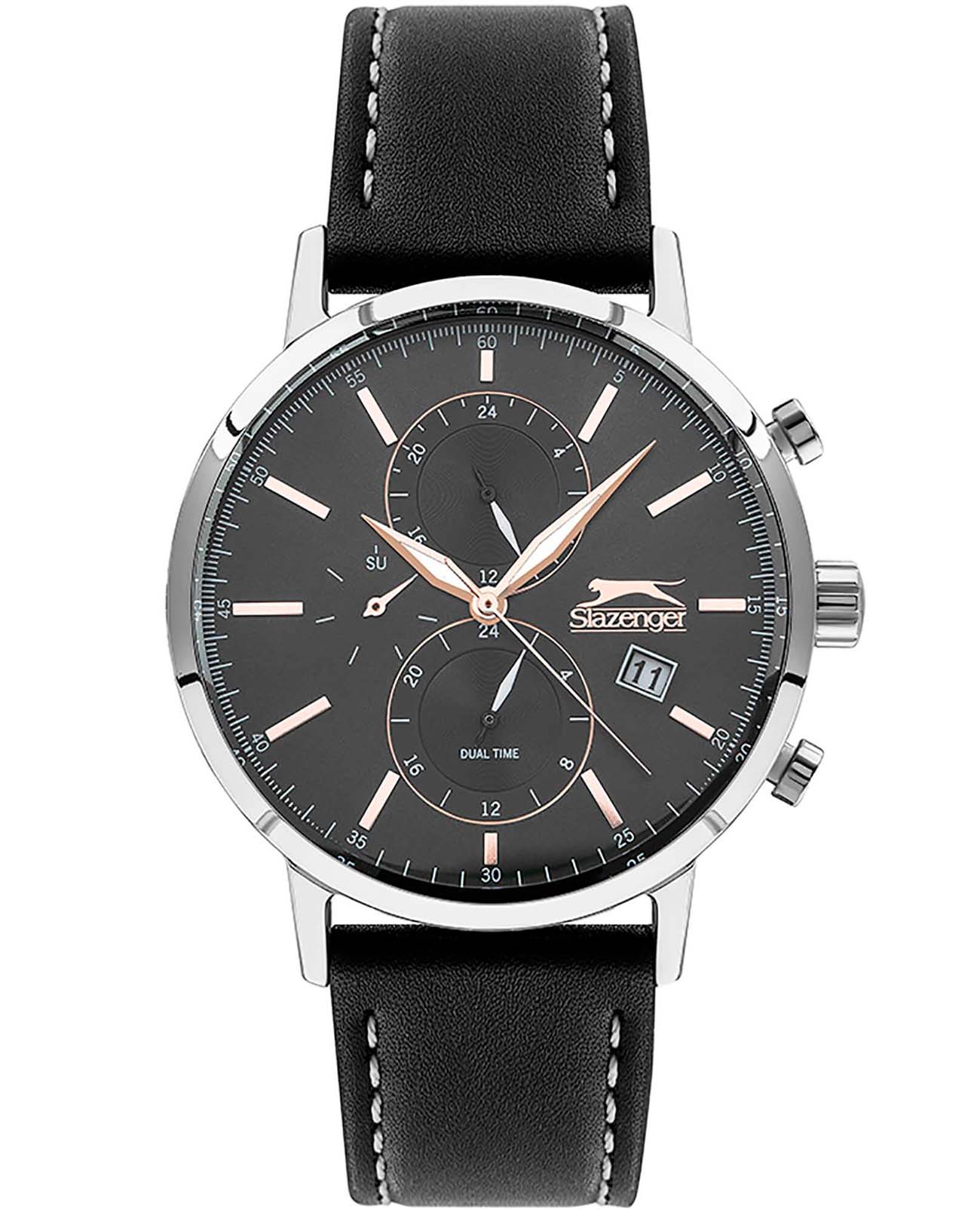 Slazenger Slazenger SL.09.2076.2.01  SL.09.2076.2.01 кварцевые мужские часы черный циферблат, браслет кожаный — вид спереди