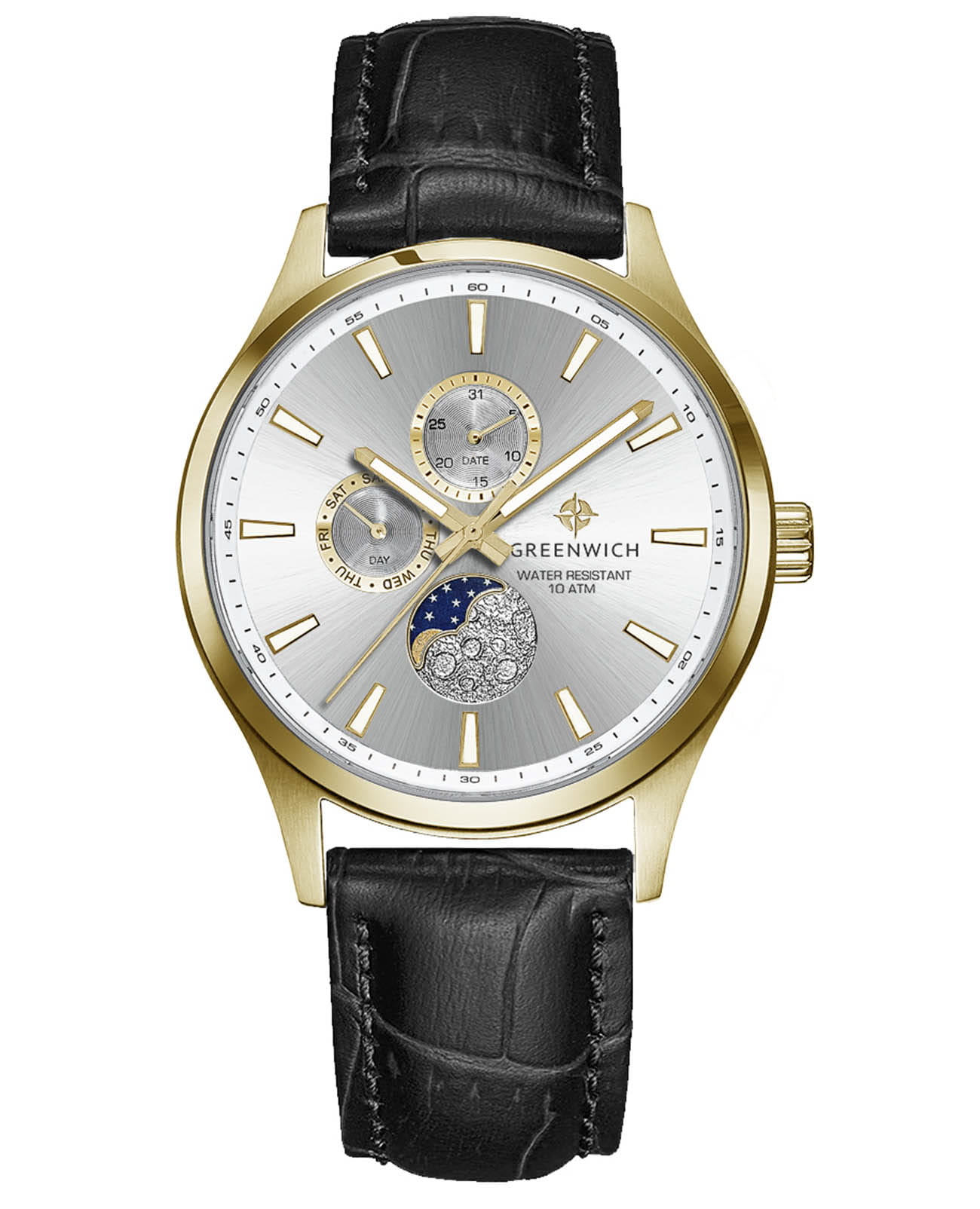 Greenwich Greenwich Moon Walker GW 058.21.33  GW 058.21.33 кварцевые мужские часы серебристый циферблат, браслет кожаный — вид спереди