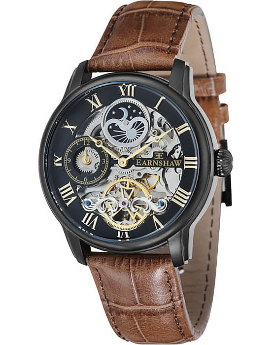 Earnshaw Earnshaw Longitude ES-8006-10  ES-8006-10 механические мужские часы черный циферблат, браслет кожаный — вид спереди