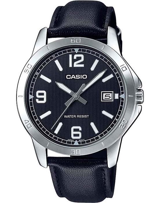 Casio Casio Collection MTP-V004L-1BUDF (MTP-V004L-1B)  MTP-V004L-1B кварцевые мужские часы черный циферблат, браслет кожаный — вид спереди