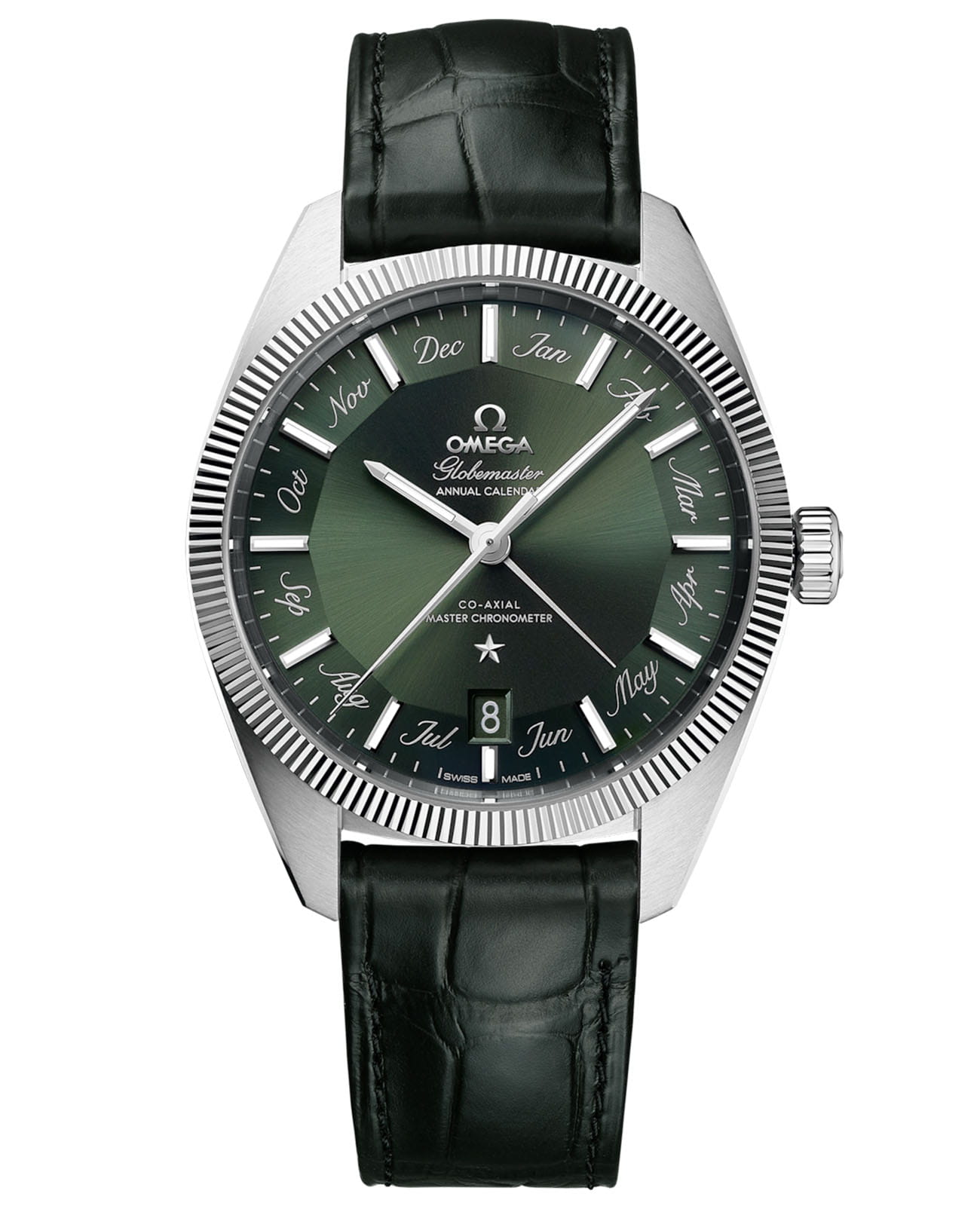 Omega Omega Constellation Globemaster 130.33.41.22.10.001 Globemaster 13033412210001 механические мужские часы зеленый циферблат, браслет кожаный — вид спереди