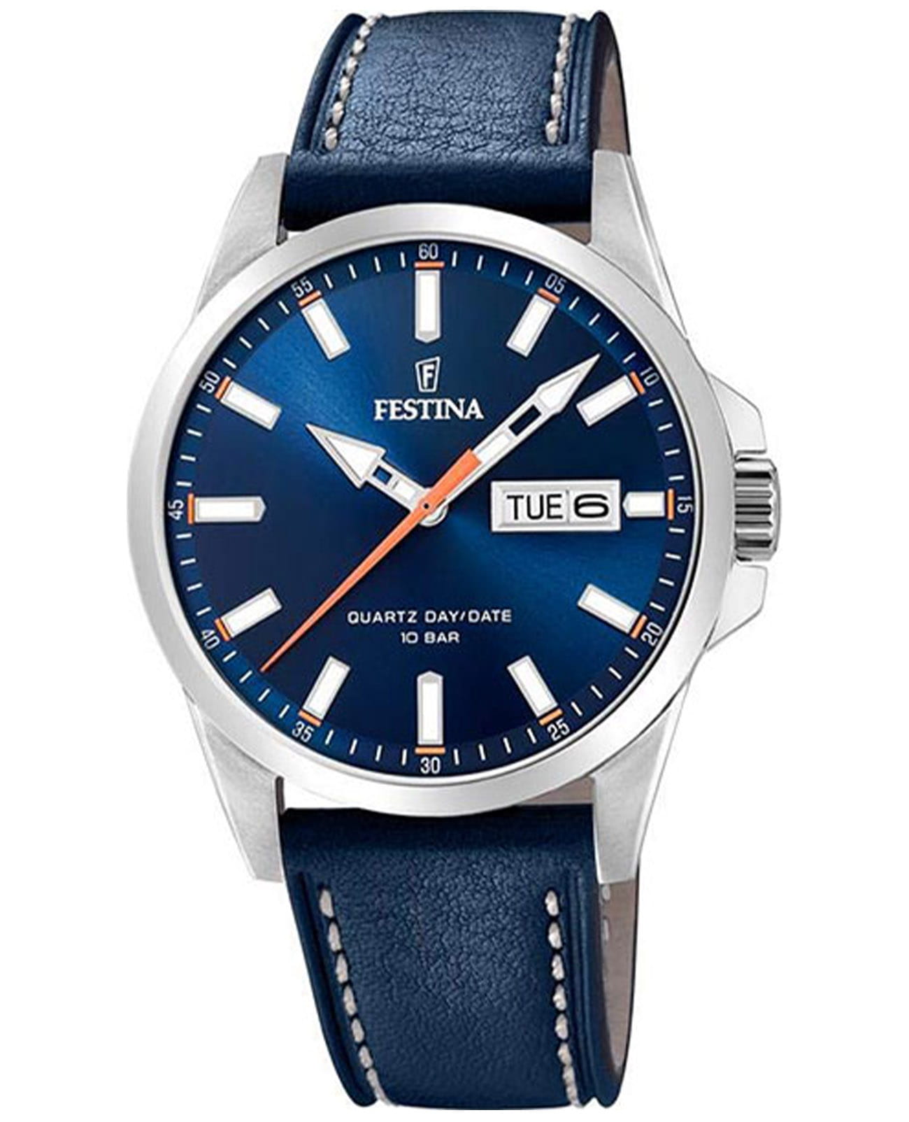 Festina Festina Classics F20358/3  F20358/3 кварцевые мужские часы синий циферблат, браслет кожаный — вид спереди