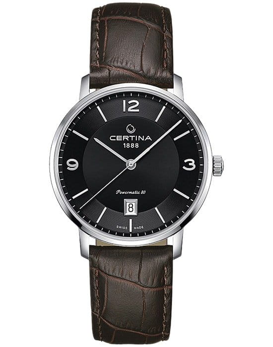 Certina Certina DS Caimano Powermatic 80 C035.407.16.057.00 DS Caimano C0354071605700 механические мужские часы черный циферблат, браслет кожаный — вид спереди