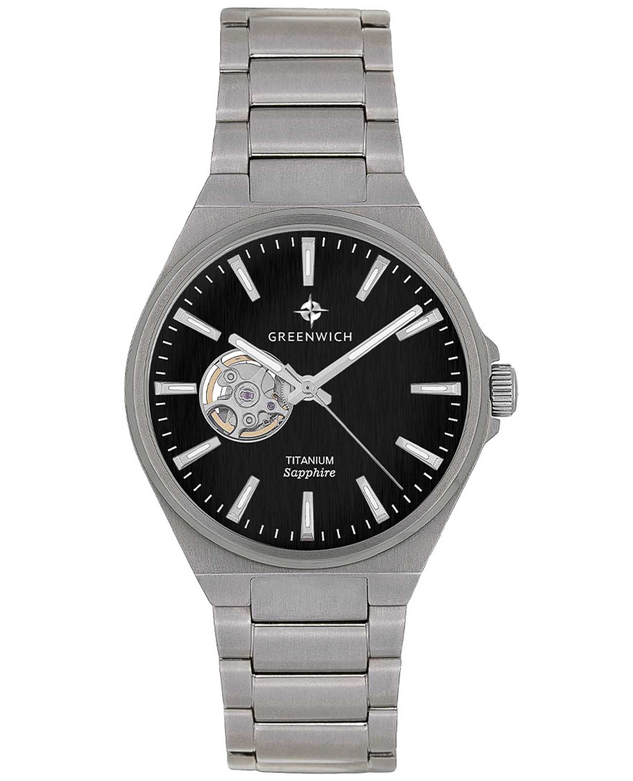 Greenwich Greenwich Titanium GW 084.10.31  GW 084.10.31 механические мужские часы черный циферблат, браслет титановый — вид спереди