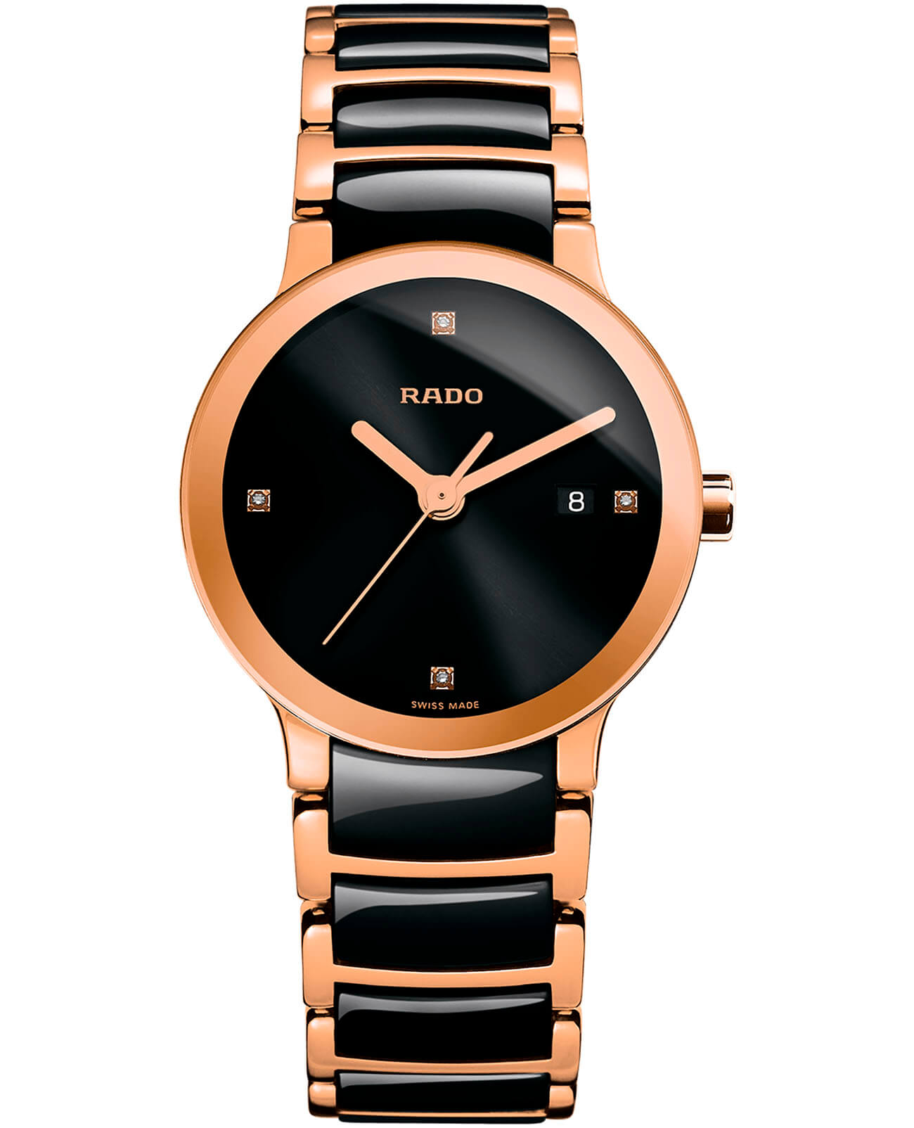 Rado Rado Centrix Diamonds R30555712  R30555712 кварцевые женские часы черный циферблат, браслет сталь + pvd + керамика — вид спереди