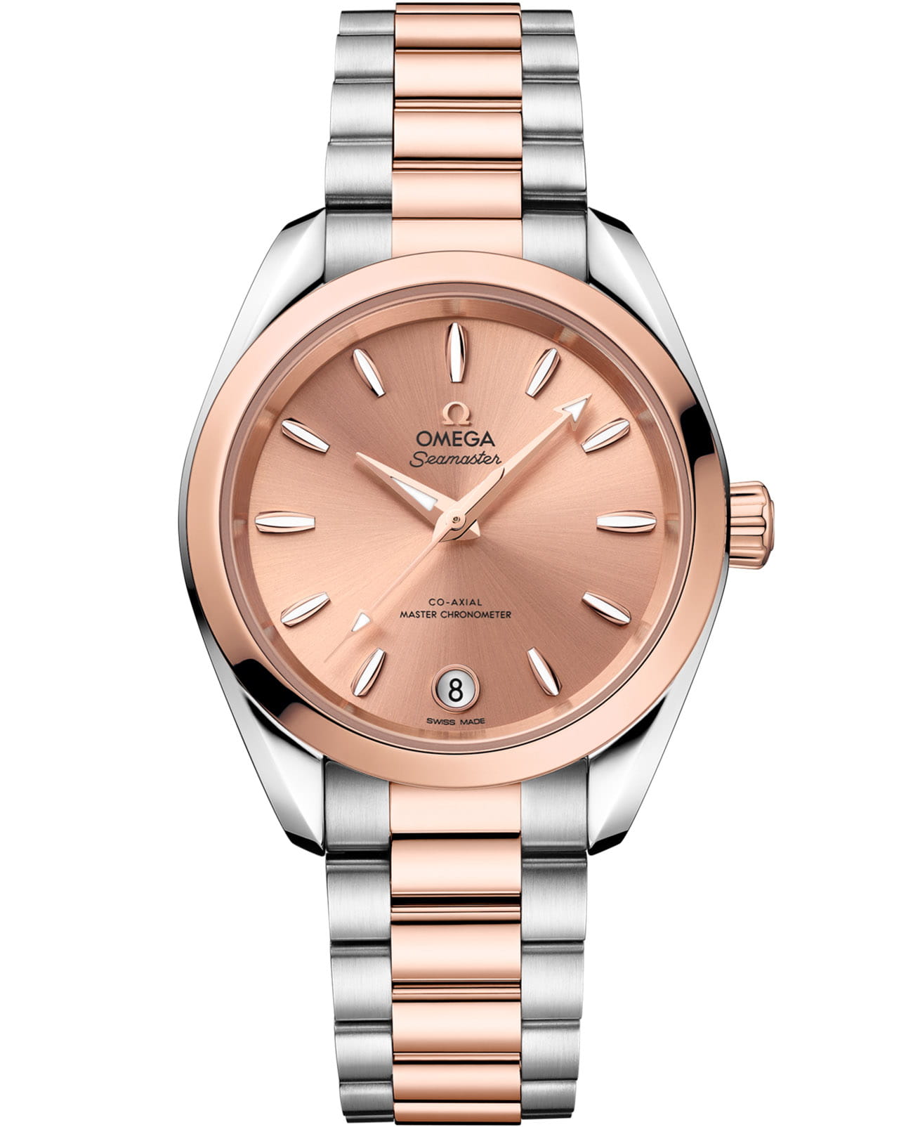 Omega Omega Seamaster Aqua Terra 220.20.34.20.10.001 Aqua Terra 22020342010001 механические женские часы золотой циферблат, браслет нержавеющая сталь + золото 18к — вид спереди