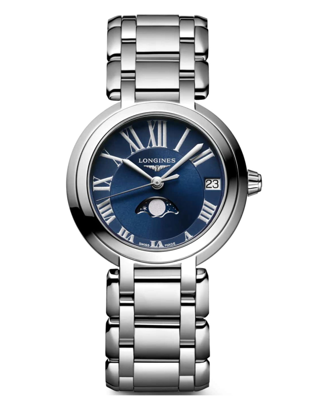 Longines Longines PrimaLuna L8.115.4.91.6  L81154916 кварцевые женские часы синий циферблат, браслет нержавеющая сталь — вид спереди