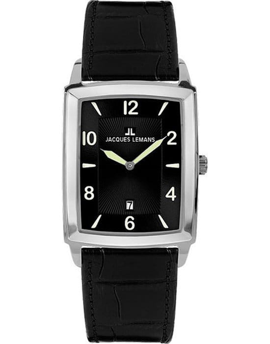 Jacques Lemans Jacques Lemans 1-1607K  1-1607K кварцевые мужские часы черный циферблат, браслет кожаный — вид спереди