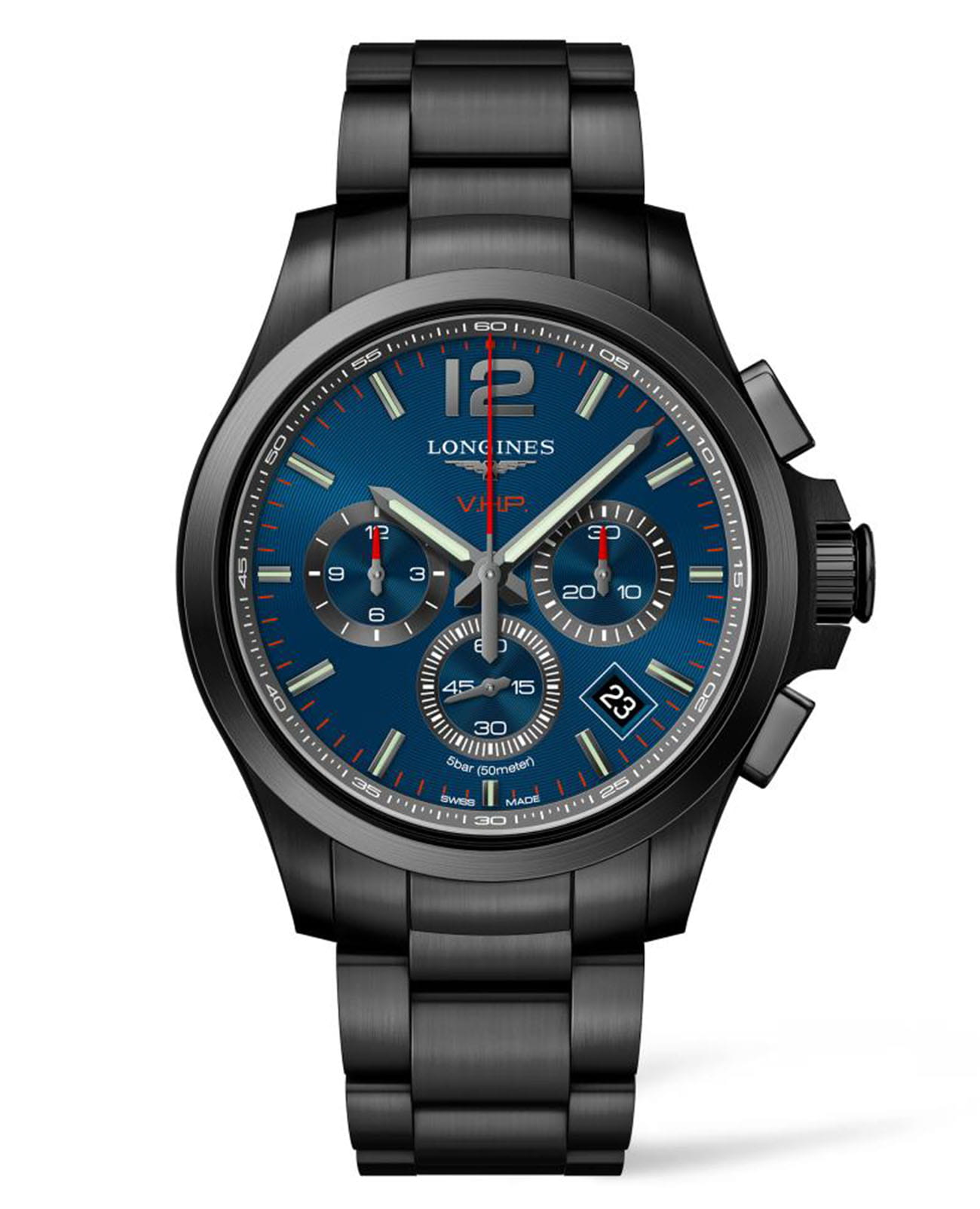 Longines Longines Conquest V.H.P. L3.717.2.96.6  L37172966 кварцевые мужские часы синий циферблат, браслет сталь c pvd покрытием — вид спереди