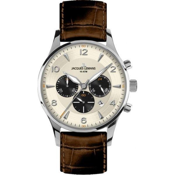 Jacques Lemans Jacques Lemans 1-1654E  1-1654E кварцевые мужские часы шампань циферблат, браслет кожаный — вид спереди