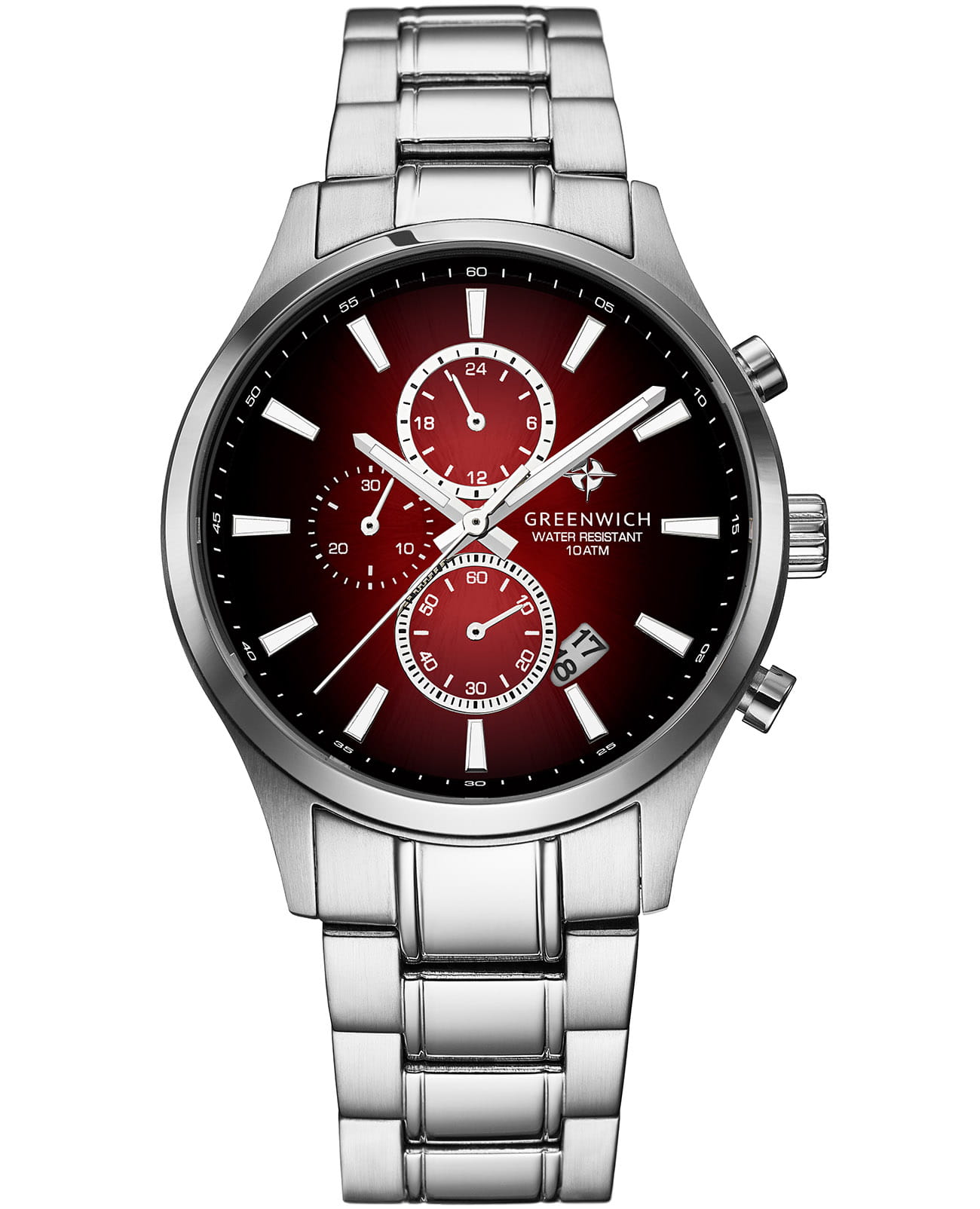 Greenwich Greenwich Navigator GW 053.10.35  GW 053.10.35 кварцевые мужские часы красный циферблат, браслет нержавеющая сталь — вид спереди