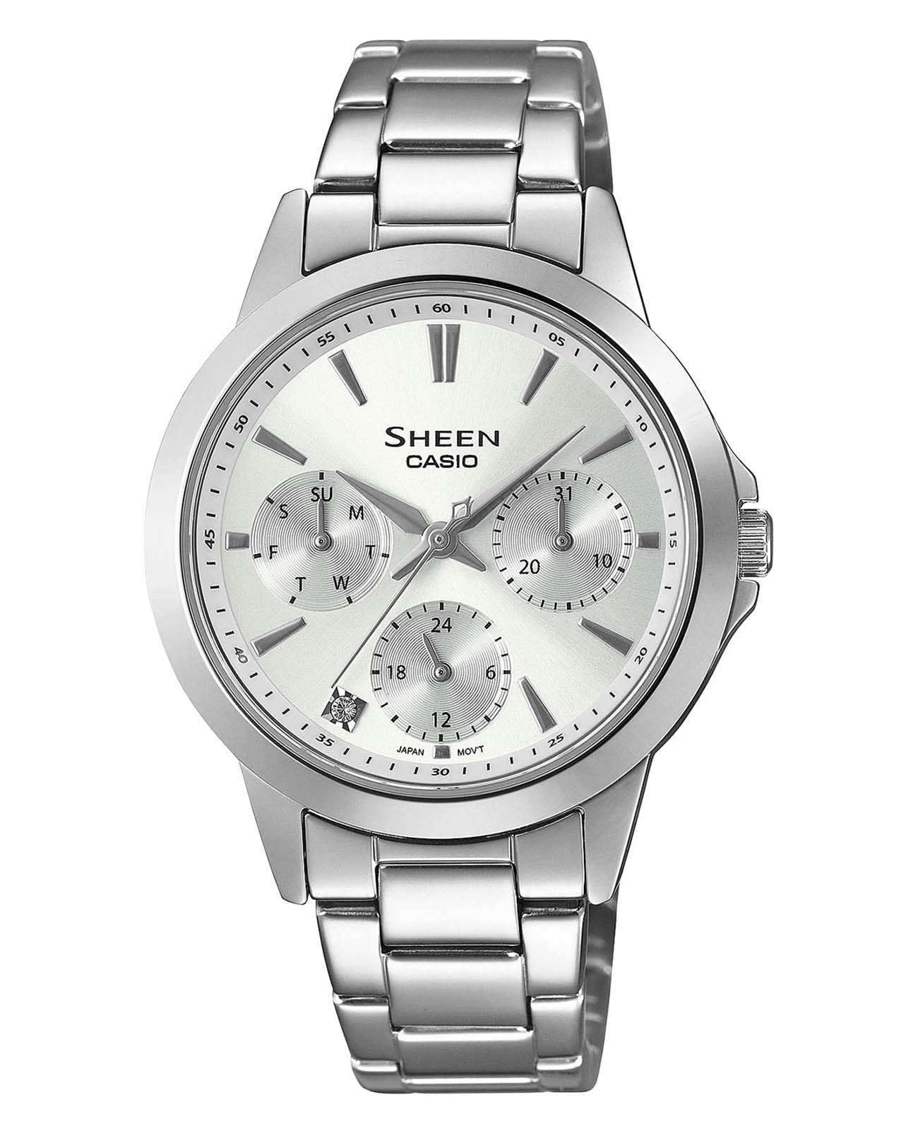 Casio Casio Sheen SHE-3516D-7A  SHE-3516D-7A кварцевые женские часы серебристый циферблат, браслет нержавеющая сталь — вид спереди