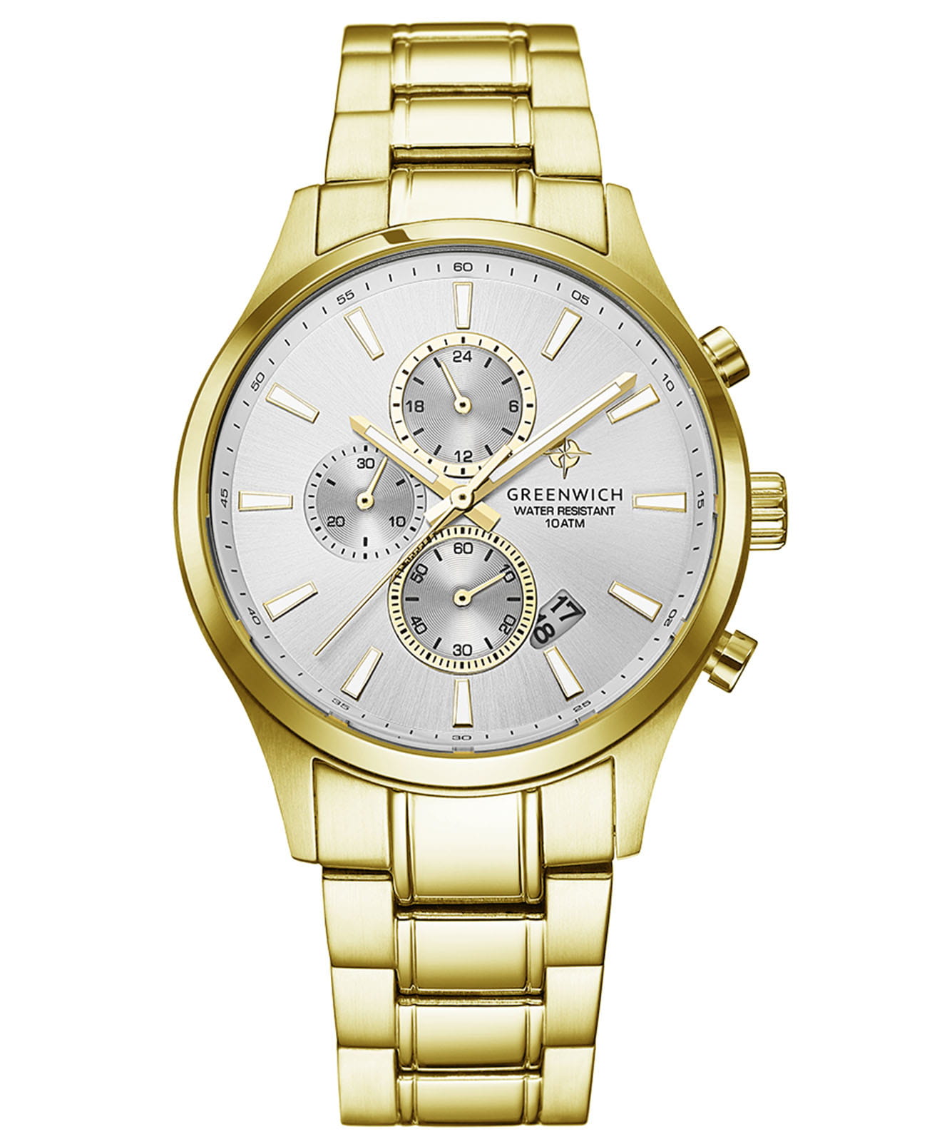 Greenwich Greenwich Navigator GW 053.20.33  GW 053.20.33 кварцевые мужские часы серебристый циферблат, браслет нержавеющая сталь — вид спереди