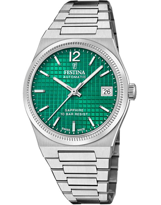 Festina Festina Classics F20029/5  F20029/5 механические женские часы зеленый циферблат, браслет нержавеющая сталь — вид спереди