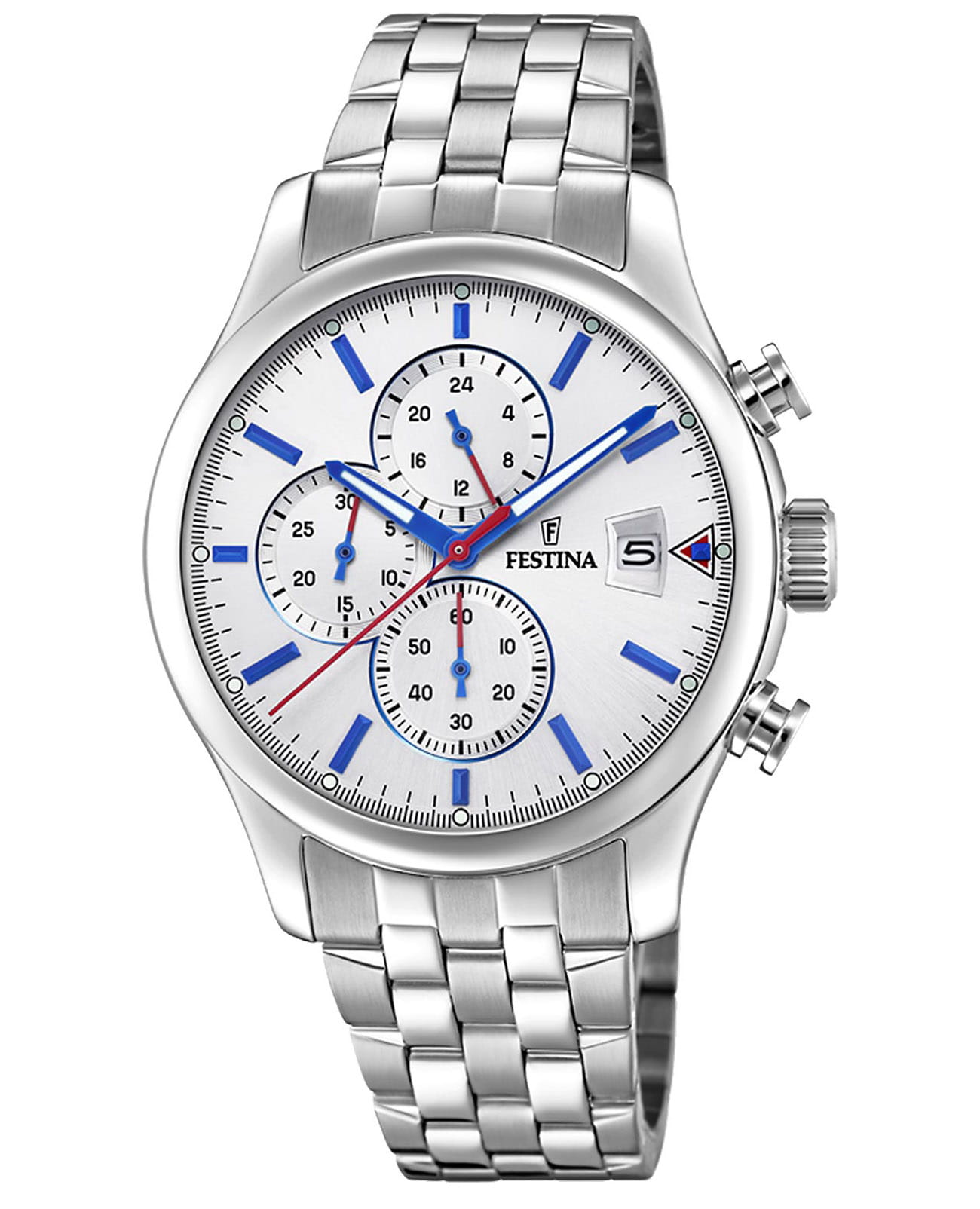 Festina Festina Timeless Chrono F20374/1  F20374/1 кварцевые мужские часы белый циферблат, браслет нержавеющая сталь — вид спереди