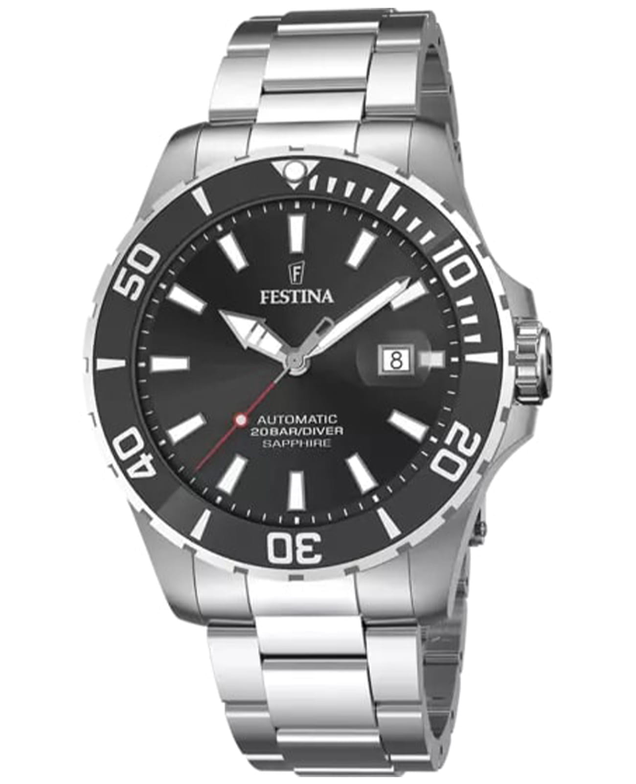 Festina Festina Automatic F20531/4  F20531/4 механические мужские часы черный циферблат, браслет нержавеющая сталь — вид спереди