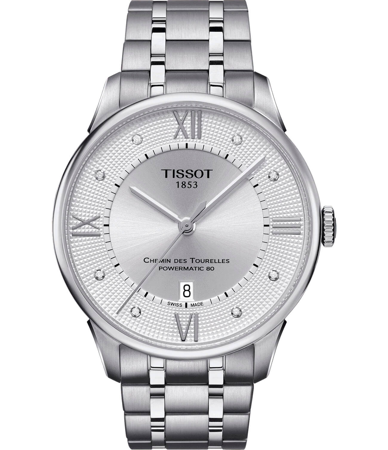Tissot Tissot Chemin des Tourelles Powermatic 80 T099.407.11.033.00 Chemin des Tourelles T0994071103300 механические мужские часы белый циферблат, браслет нержавеющая сталь — вид спереди