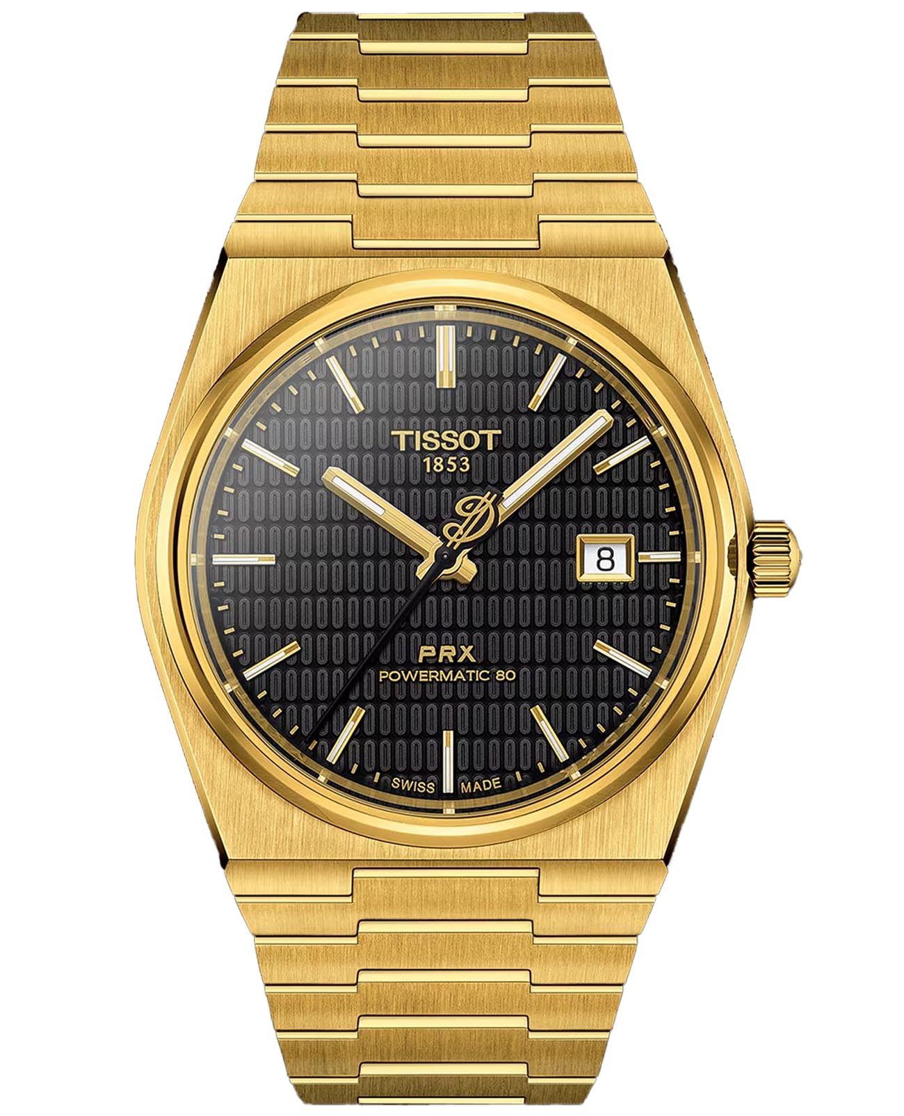 Tissot Tissot PRX Powermatic 80 Damian Lillard Special Edition T137.407.33.051.00  T1374073305100 механические мужские часы золотой циферблат, браслет нержавеющая сталь с pvd-покрытием — вид спереди