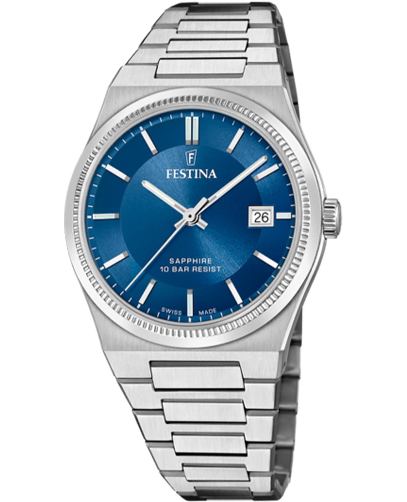 Festina Festina Classics F20034/2  F20034/2 кварцевые мужские часы синий циферблат, браслет нержавеющая сталь — вид спереди