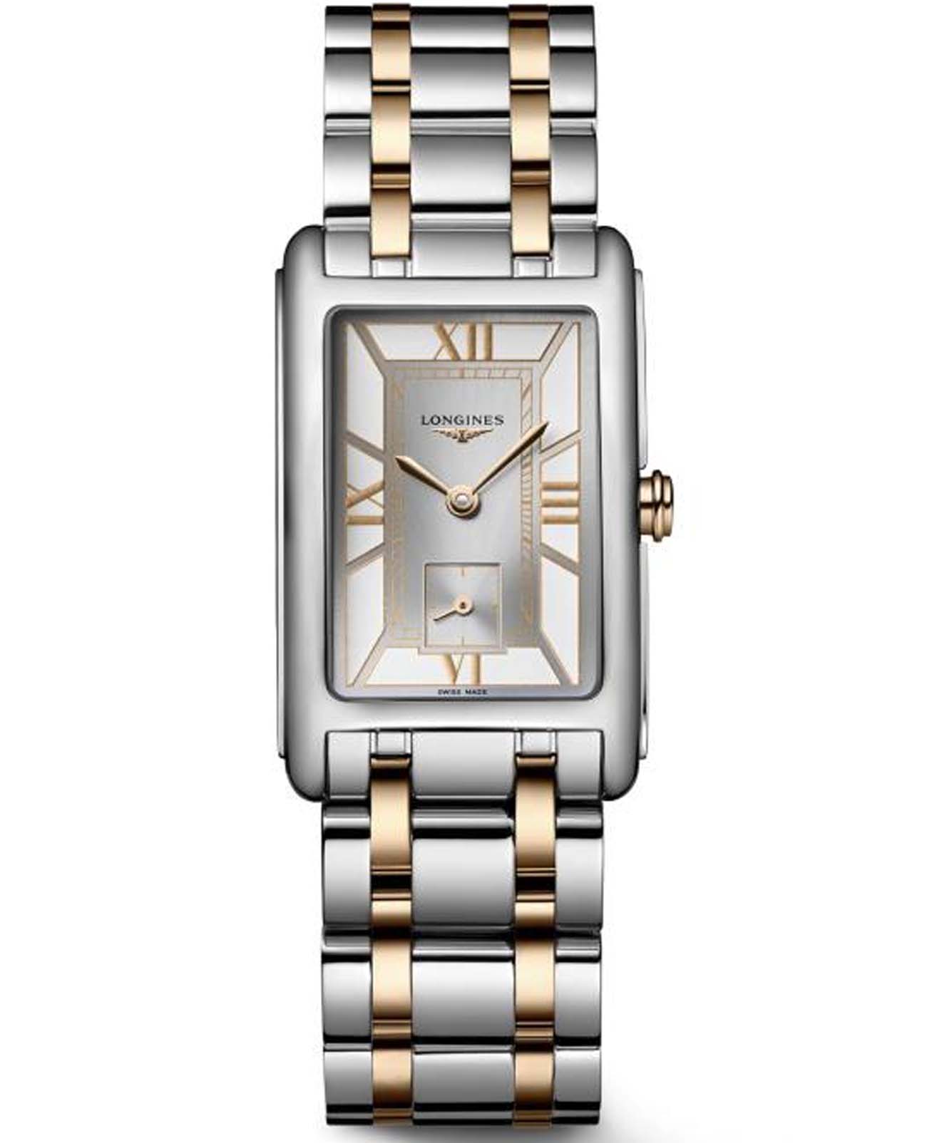 Longines Longines DolceVita L5.512.5.75.7  L55125757 кварцевые женские часы серебристый циферблат, браслет нержавеющая сталь и 18 каратное розовое золото — вид спереди