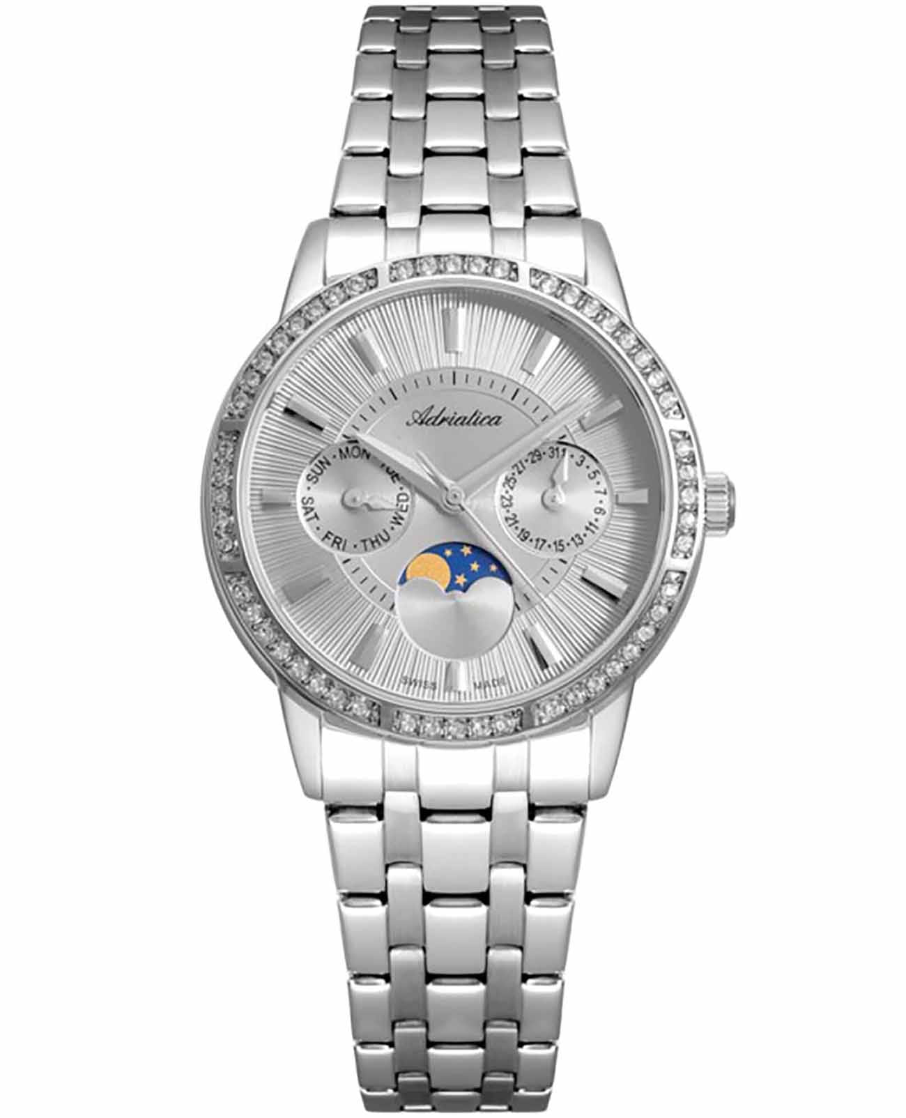 Adriatica Adriatica Moonphase A3601.5117QFZ  A3601.5117QFZ кварцевые женские часы серебристый циферблат, браслет нержавеющая сталь — вид спереди