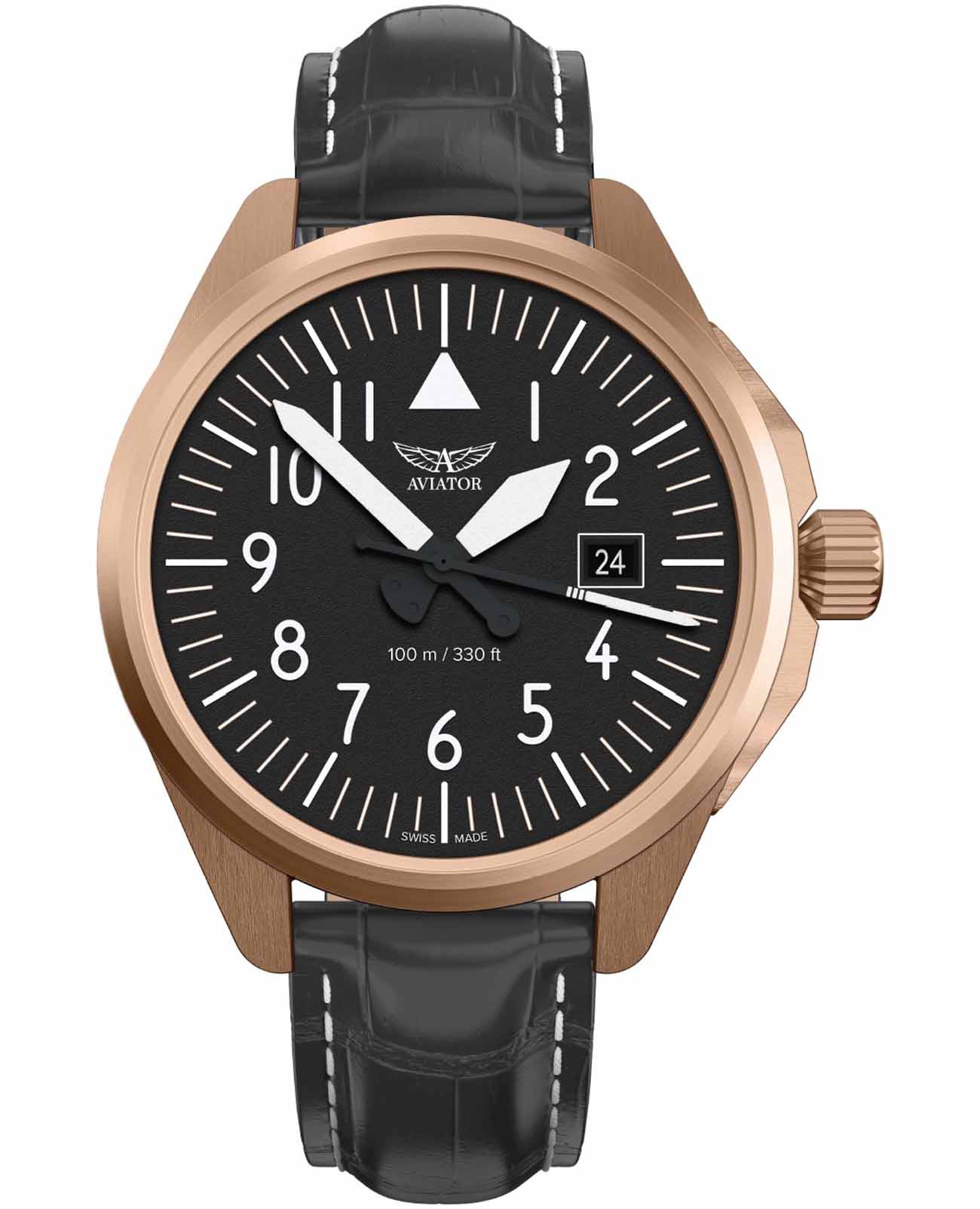 Aviator Aviator Airacobra V.1.38.2.315.4  V.1.38.2.315.4 кварцевые мужские часы черный циферблат, браслет кожаный — вид спереди