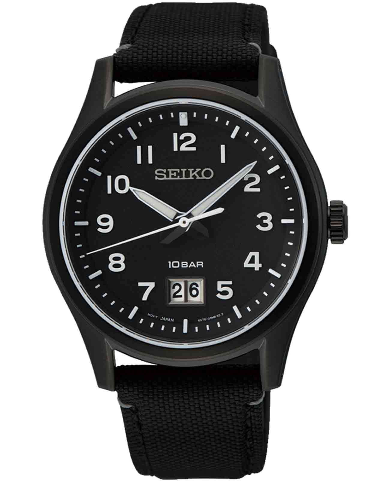 Seiko Seiko Classic Quartz SUR571P1  SUR571P1 кварцевые мужские часы черный циферблат, браслет тканевый — вид спереди