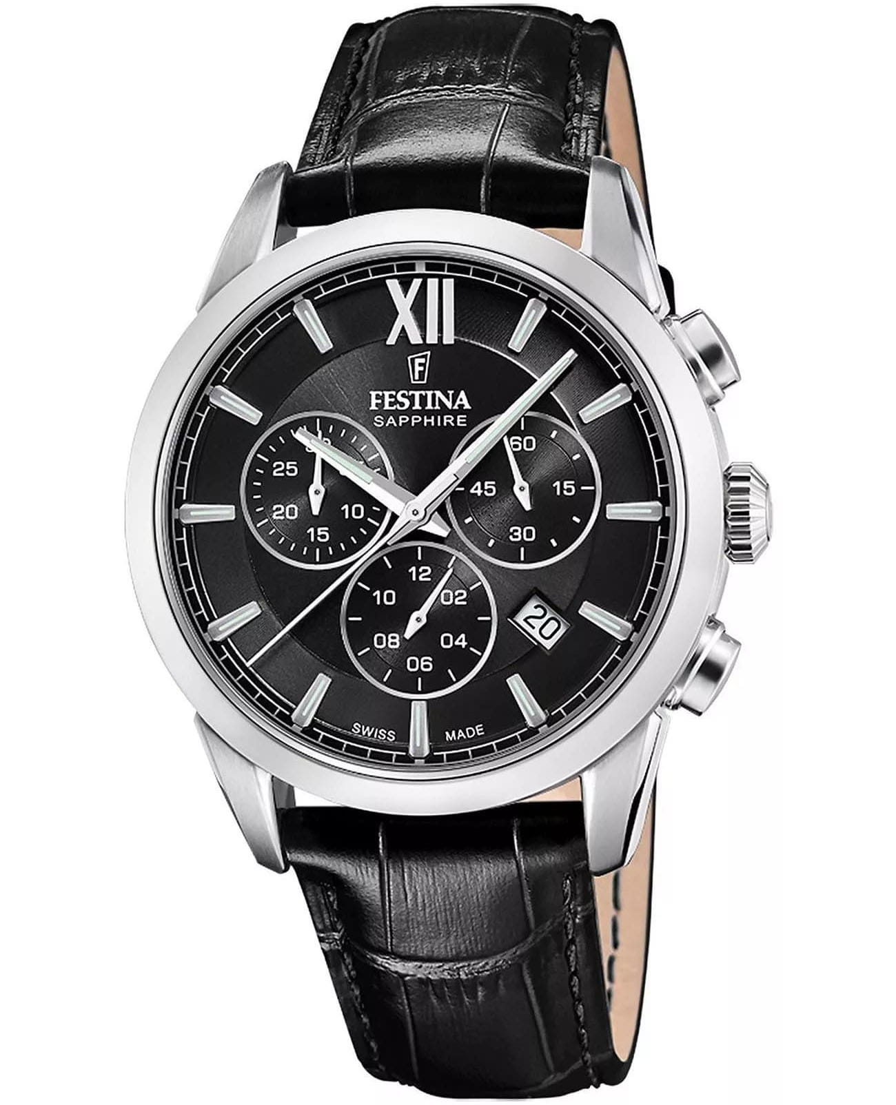 Festina Festina Swiss Made F20041/4  F20041/4 кварцевые мужские часы черный циферблат, браслет кожаный — вид спереди