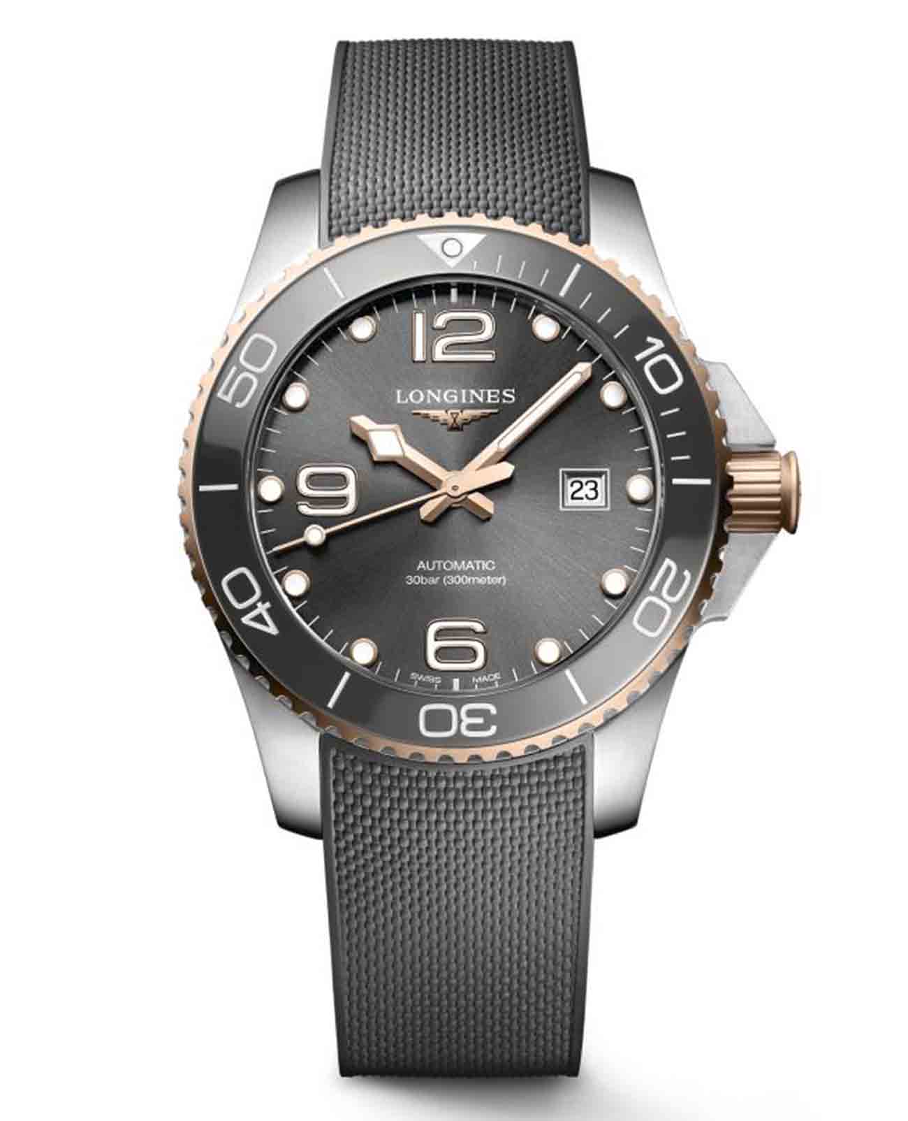 Longines Longines HydroConquest L3.782.3.78.9  L37823789 механические мужские часы серый циферблат, браслет каучук — вид спереди