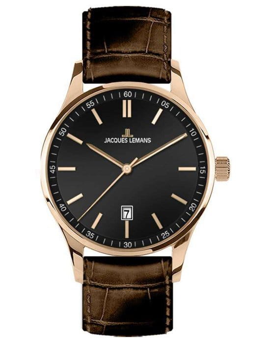 Jacques Lemans Jacques Lemans 1-2026D  1-2026D кварцевые мужские часы черный циферблат, браслет кожаный — вид спереди