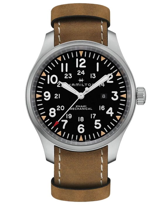 Hamilton Hamilton Khaki Field Mechanical H69819530  H69819530 механические мужские часы черный циферблат, браслет кожаный — вид спереди