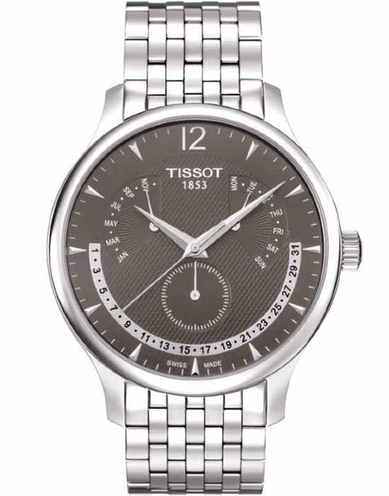 Tissot Tissot Tradition Perpetual Calendar T063.637.11.067.00 Tradition T0636371106700 кварцевые мужские часы серый циферблат, браслет  — вид спереди