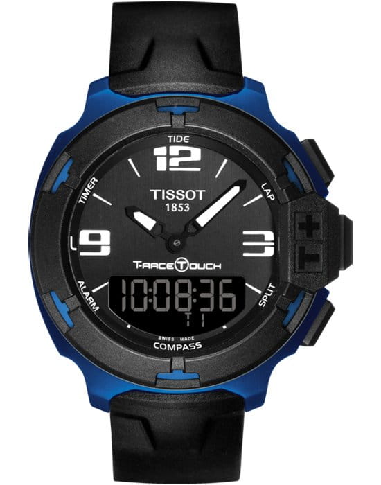 Tissot Tissot T-Race Touch Aluminium T081.420.97.057.00 T Race T0814209705700 кварцевые мужские часы черный циферблат, браслет 18-каратное желтое золото — вид спереди