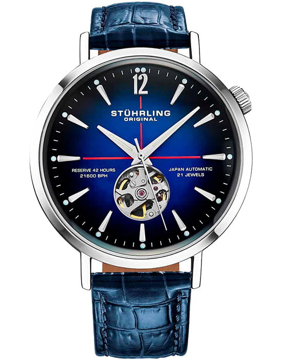 Stuhrling Stuhrling Quasar 1021.02  1021.02 механические мужские часы синий циферблат, браслет кожаный — вид спереди