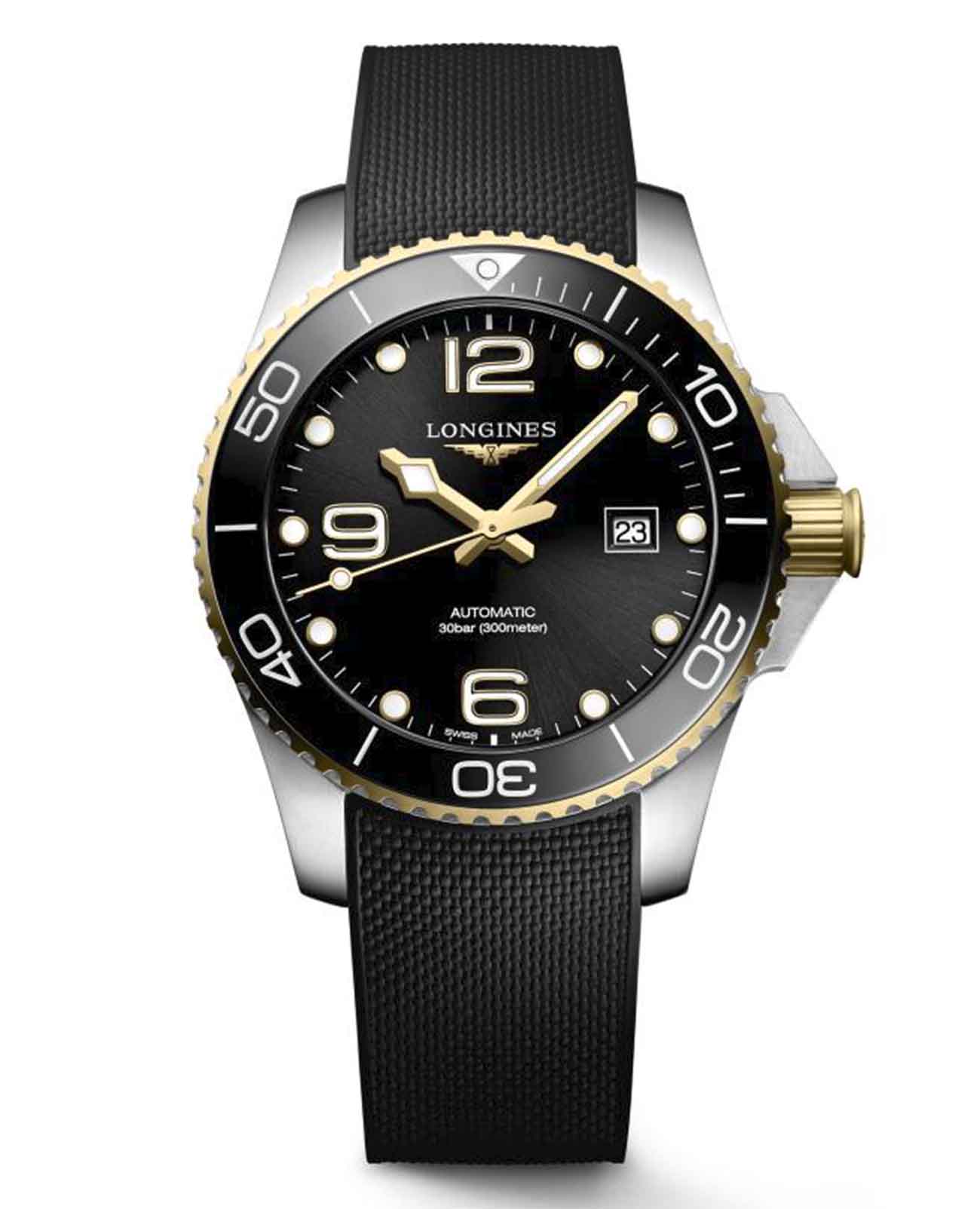 Longines Longines HydroConquest L3.782.3.56.9  L37823569 механические мужские часы черный циферблат, браслет каучук — вид спереди