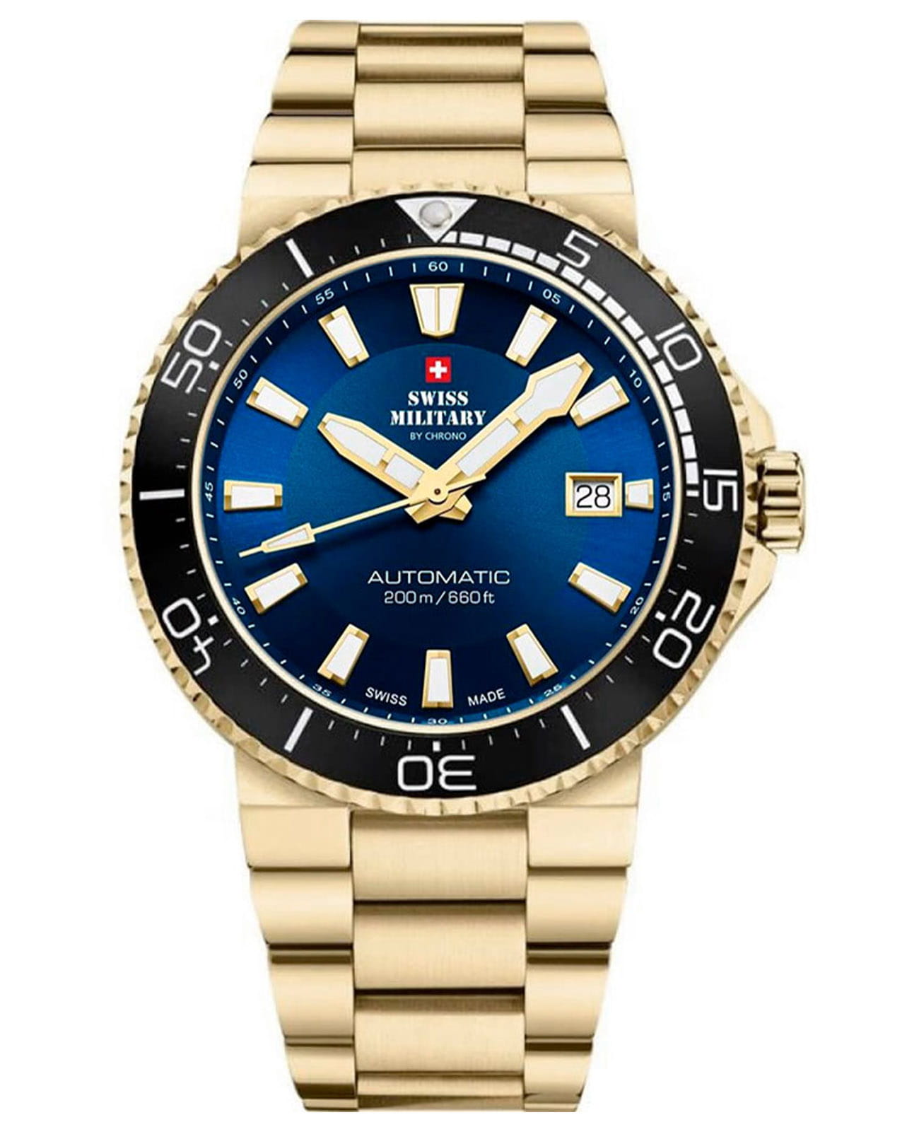 Swiss Military by Chrono Swiss Military by Chrono Automatic Dive SMA34086.07  SMA34086.07 механические мужские часы синий циферблат, браслет сталь c pvd покрытием — вид спереди